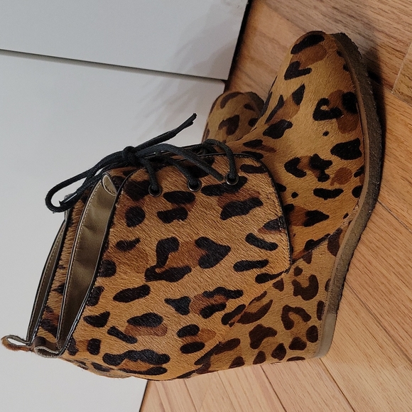 Shoemint Leopard Ponyhair Wedge Ankle Booties - Picture 5 of 8
